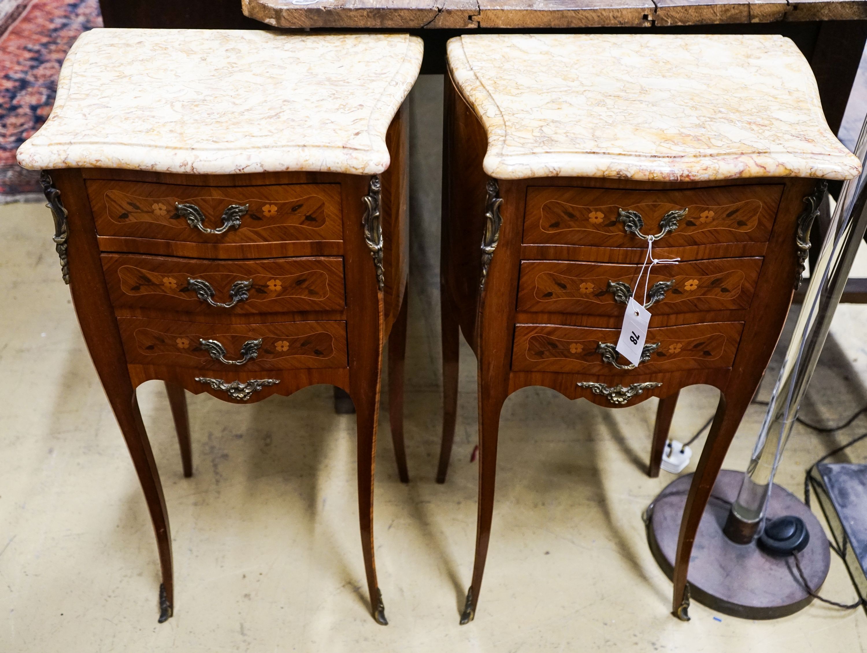 A pair of Louis XV design marquetry inlaid Kingwood marble top bedside chests, width 40cm, depth 30cm, height 73cm